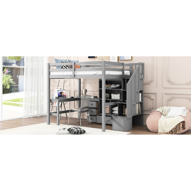 Lit mezzanine double avec bureau en L, tiroirs, armoire et escalier de rangement gris, Gris