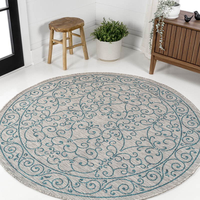 Tapis d'intérieur / extérieur gris / bleu sarcelle texturé Hagerman, Rond 5 pi 3 po