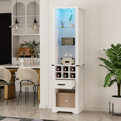 Armoire de rangement avec éclairage à DEL, garde-manger de style campagne avec verre trempé, tablettes réglables et support à vin