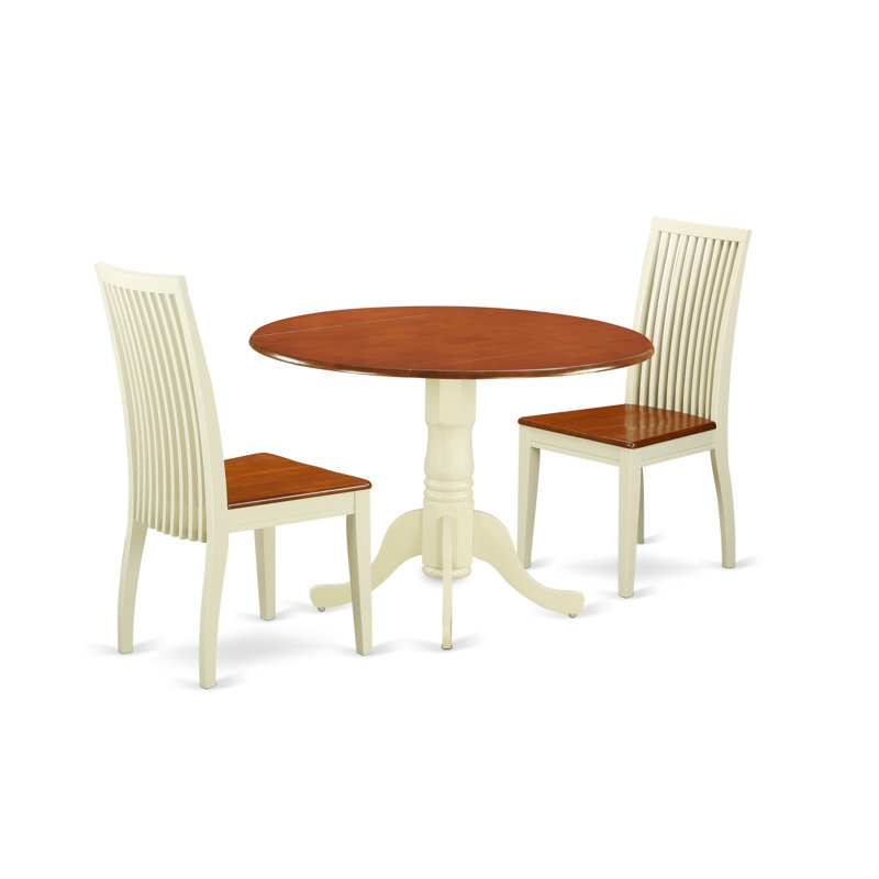 3 Piece Kitchen Table & Chairs Set Contains a Round Dining Room Table with Dropleaf and 2 Dining Chairs, 42x42 Inch, Buttermilk & Cherry