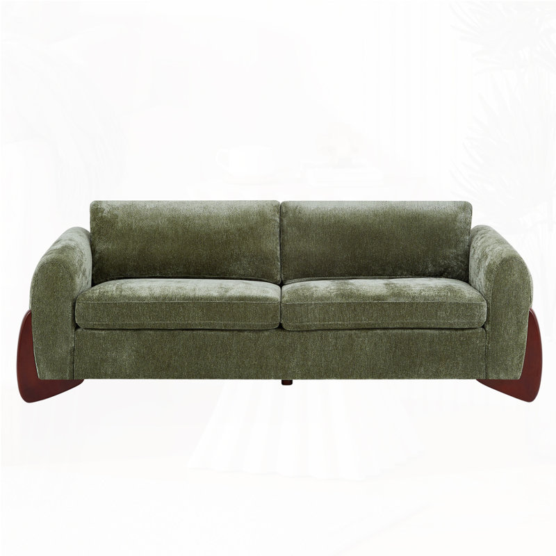 Marcel Modern Chenille Upholstered 3-Seater Sofa With Wooden Legs, Olive Green
