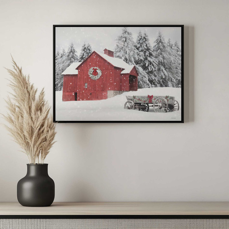 «Red Christmas Barn and Wagon» par Lori Deiter, reproduction d'art, 32 W x 24 H, Argent, Toile avec cadre