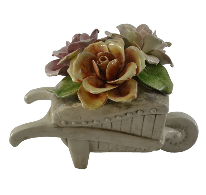 Authentic Capodimonte Wheelbarrow with Flowers Sculpture