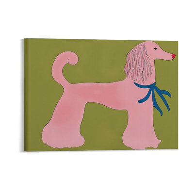 Caniche rose ludique, cadre en bois à l'arrière intégré, décoration murale minimaliste, l 36 x L 24