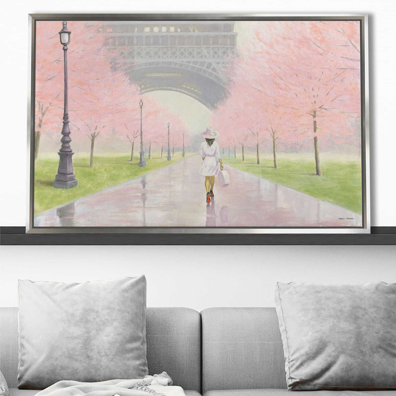 Printemps à Paris I - Peinture, Cadre flottant argent, H 31,5 po x l 51,5 po x P 2 po