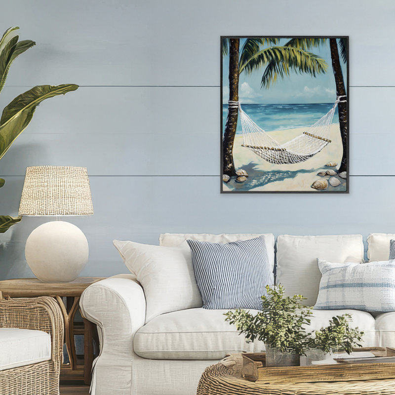 Breezy Coastal Hamac, estampe numérique, design par Franklyn Gregory, H 30 po x l 24 po, Giclée encadrée noir minuit