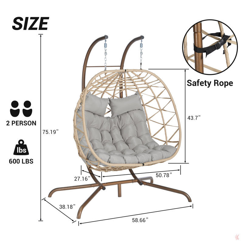 Chaise suspendue en rotin pour 2 personnes, Gris clair, 75.19", Naturel