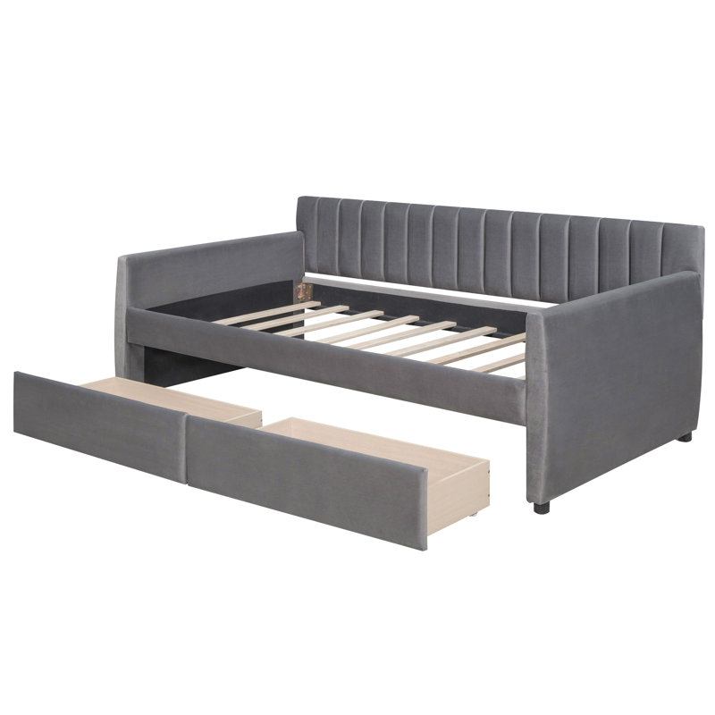 Lohrman Upholstered Daybed,Platform Bed with Drawers, Gray, Twin