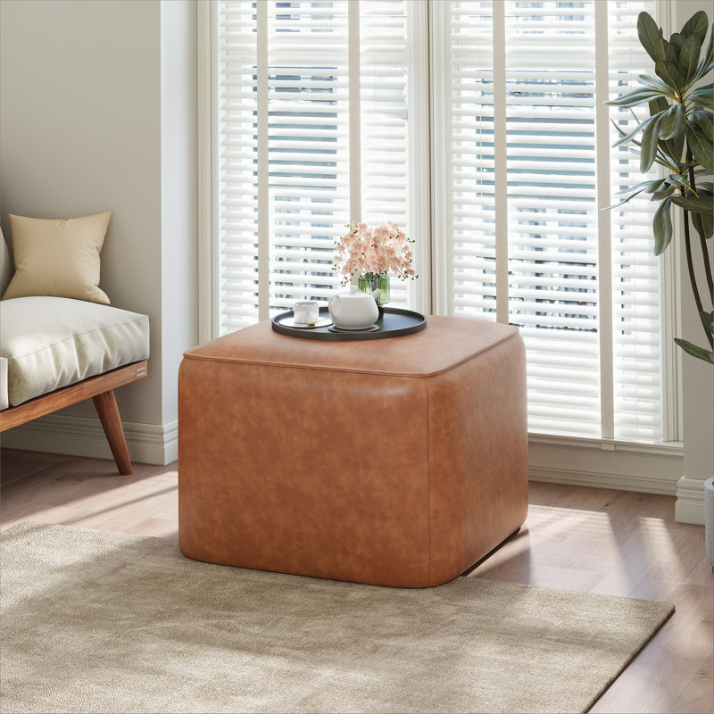 Upholstered Square PU Leather Ottoman,Tan