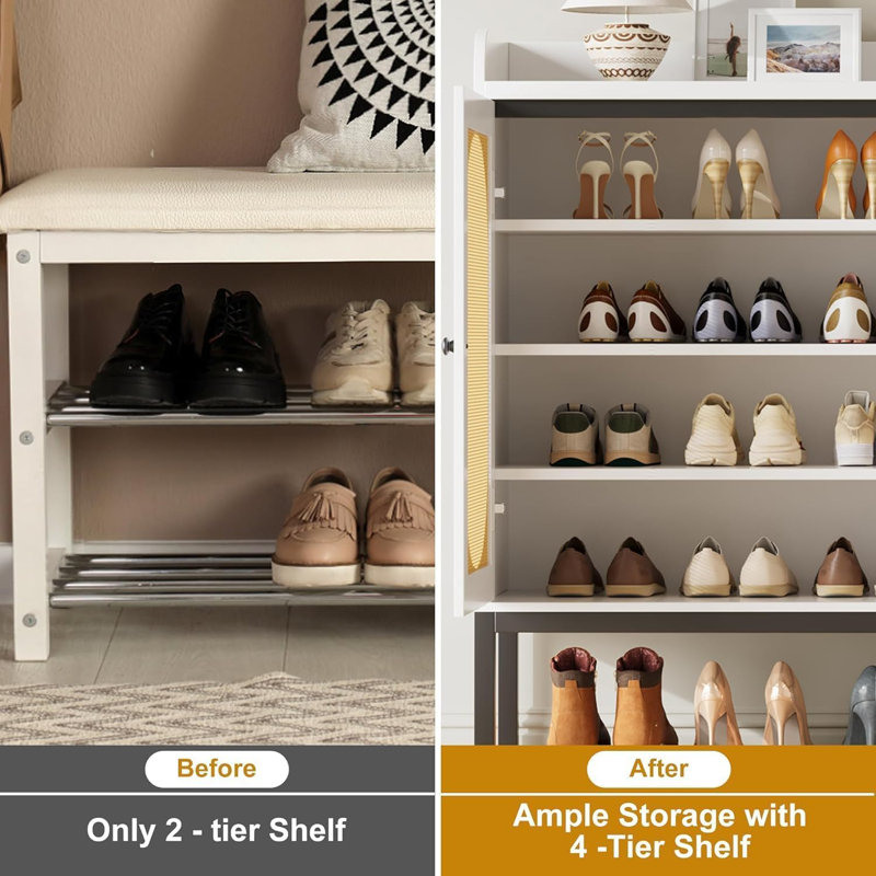 6-Tier Freestanding Shoe Cabinet with 3 Rattan Doors Shoe Storage Cabinet with Adjustable Shelves