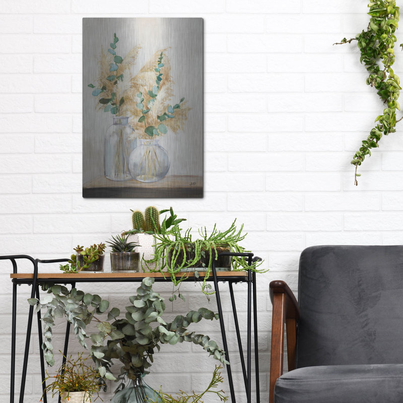 «Pampas and Eucalpytus Bouquet 2» par Julia Purinton, art mural en métal, 12 po x 16 po