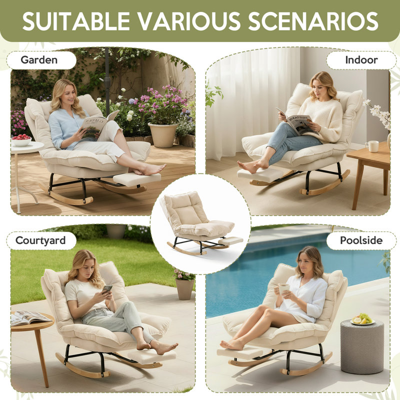 Chaise berçante en velours côtelé avec dossier et repose-pieds réglables en velours côtelé, Blanc cassé / blanc