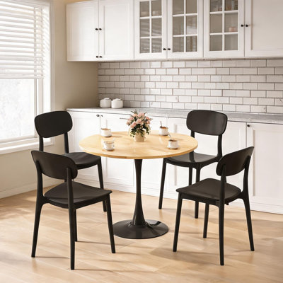 Table de salle à manger 24 pouces Mid-Century ronde avec finition naturelle, plateau en panneau de fibres à densité moyenne et base en acier, 4 sièges