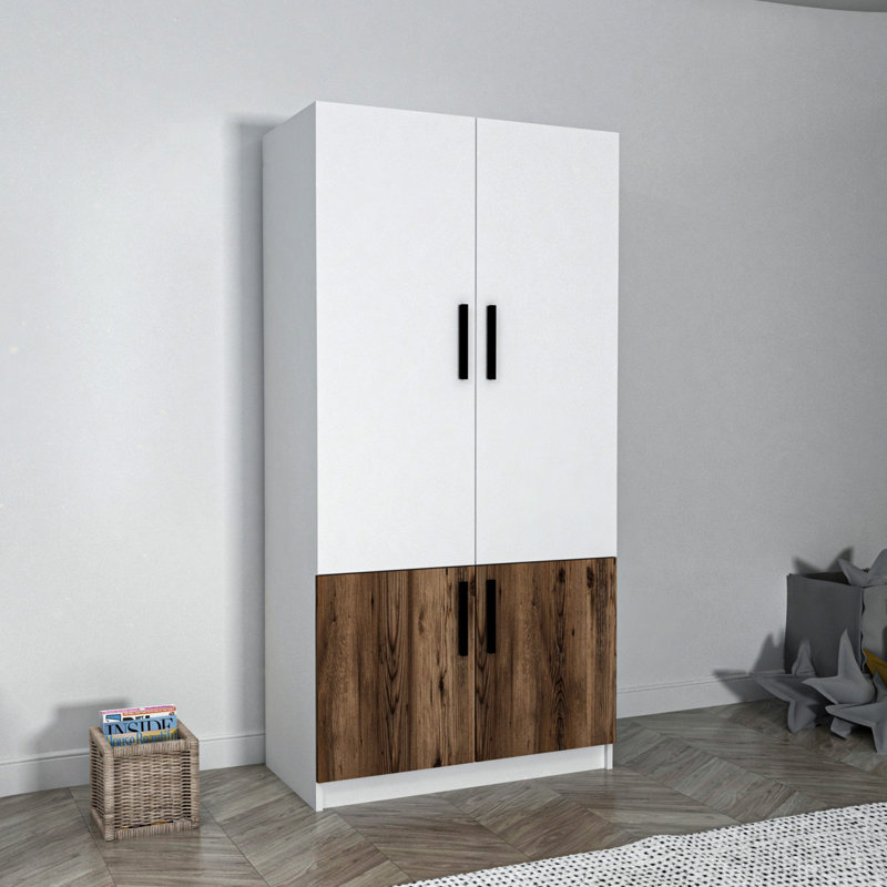 Berend 4 Door Manufactured Wood Wardrobe, 190cm H x 56cm W x 25cm D, Light Walnut/White