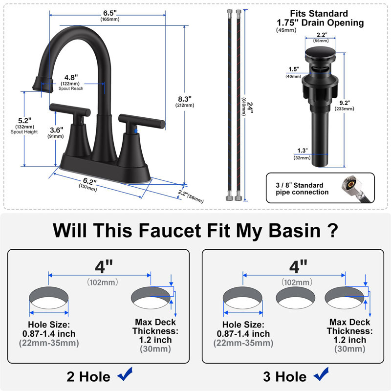 4-Inch Center-Set Bathroom Faucet With Pop-Up Drain, Matte Black