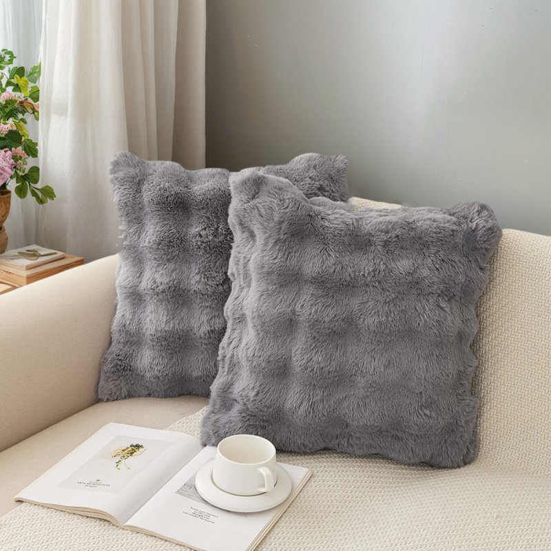 2-Pack 18" X 18" Faux Rabbit Fur Throw Pillow Covers For Sofa And Bed, White