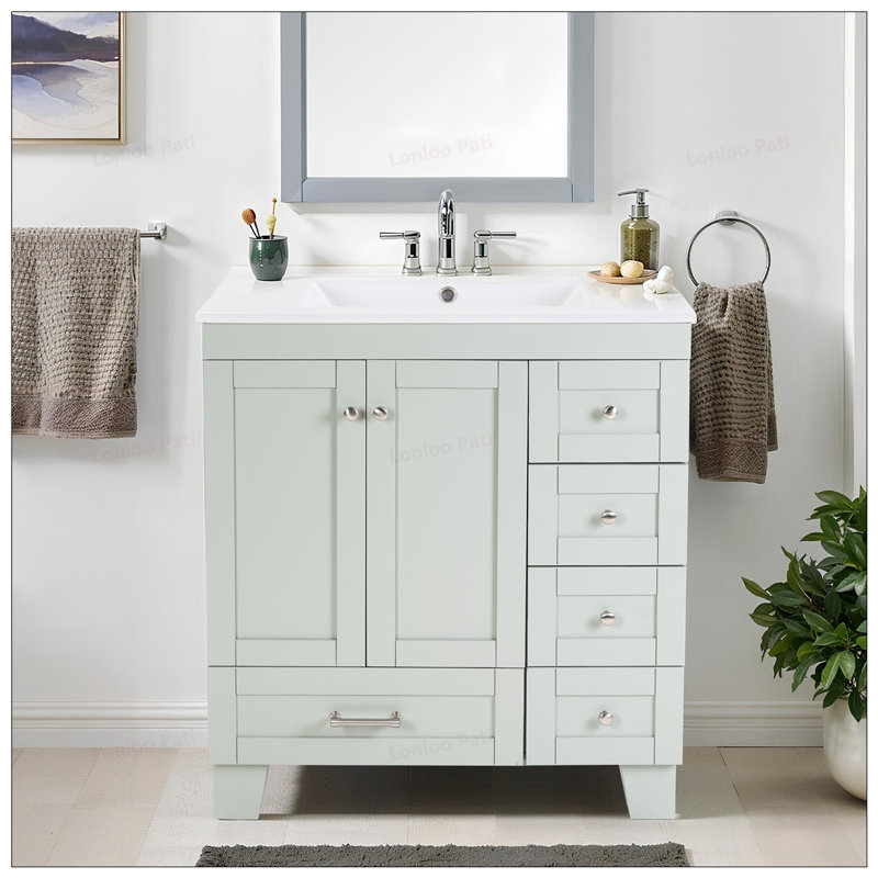 Meuble-lavabo à fermeture en douceur 30 po avec lavabo en céramique, Gris