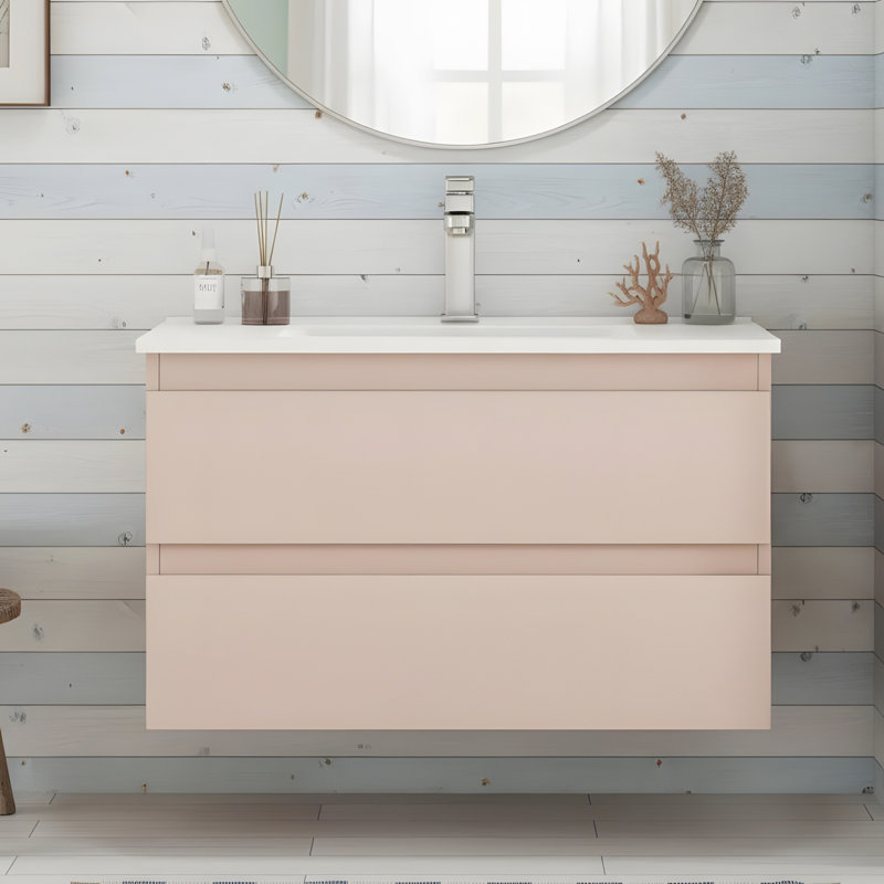 Integrated Ceramic Sink Wall-Mounted Bathroom Vanity, Pink