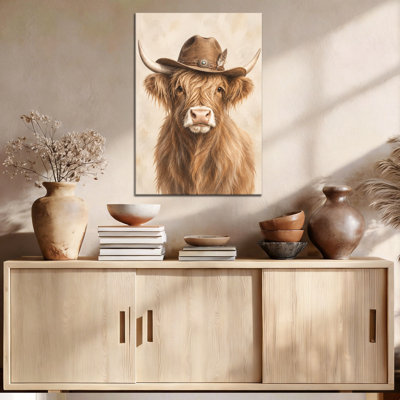 Modern Minimalist Highland Cow in Western Cowboy Hat Portrait Canvas Art