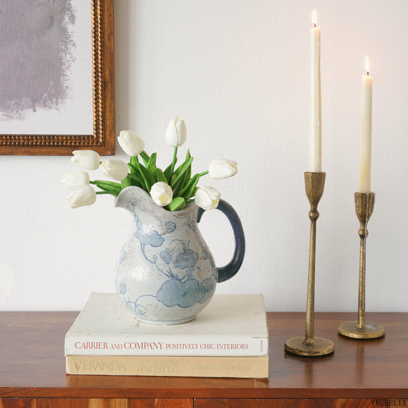 Vase rond en céramique 8,5 po x 6,5 po x 9 po, motif floral bleu et blanc, vase décoratif décoratif
