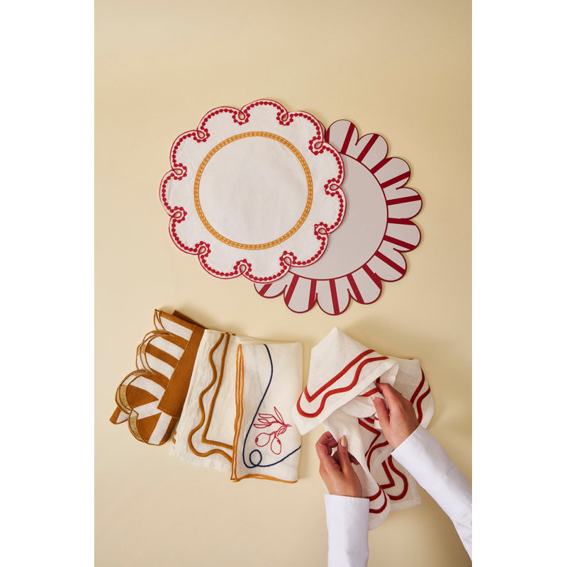Jardin Embroidered Linen Scalloped Stripe Napkins, Amber/White