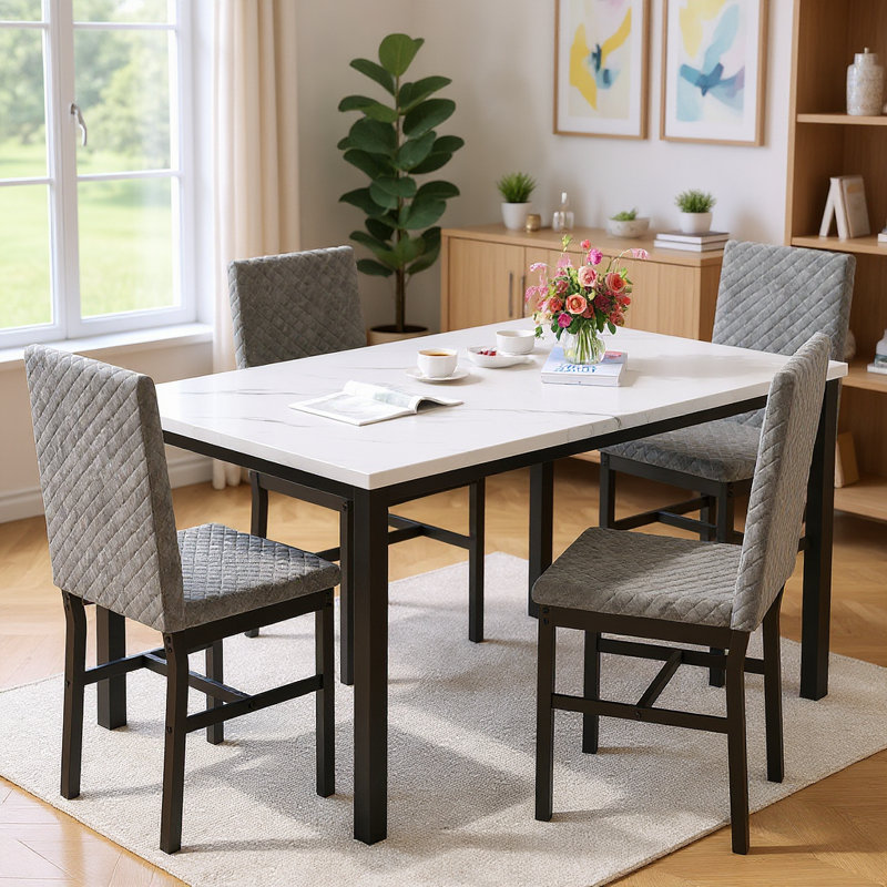 Ensemble de table de salle à manger 5 pièces en faux marbre avec 4 chaises, Blanc, Gris