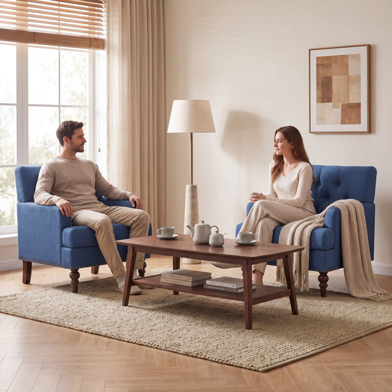Mid-Century Modern Upholstered Armchair,Beige, Bleu