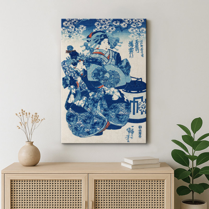 «Elegant Courtesans in Blue Kimono Ukiyo-e», reproduction d'art d'époque Edo, impression sur toile encadrée, Toile tendue