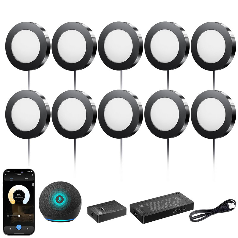 10 Pack Smart Plug-In Under Cabinet Puck Lights, 3000K-6000K Dimmable CCT, Alexa & Google Voice Control, Slim LED Counter Lights for Kitchen Shelves Closets