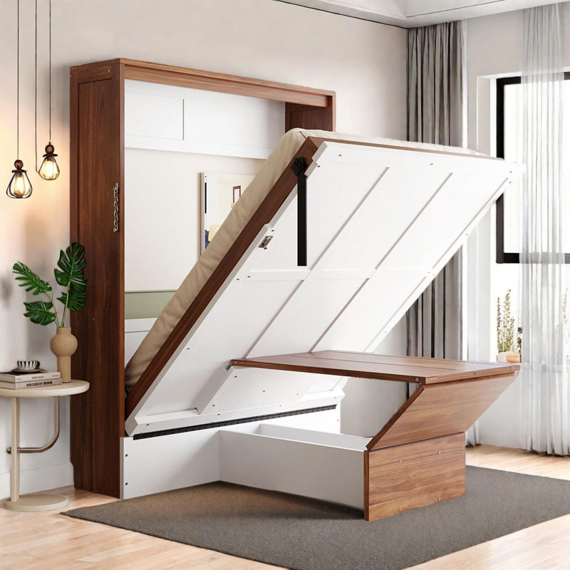 Full Size Murphy Bed with Foldable Desk, Space Saving Wall Bed, Brown/White