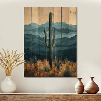 Cactus et montagnes I - Décoration murale en bois de cactus floral - sur bois de pin naturel
