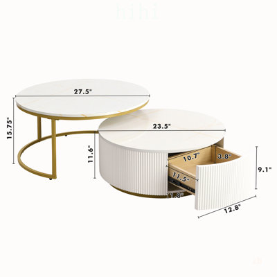 Table basse gigogne ronde moderne avec 2 grands tiroirs pour un rangement élégant et une décoration intérieure élégante, parfaite pour le salon
