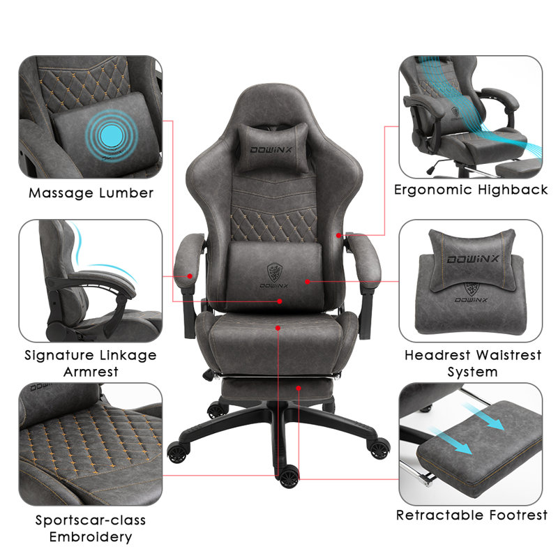 Dowinx Adjustable Ergonomic Swiveling PC & Racing Game Chair with Footrest, Grey