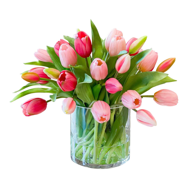 Real Touch Faux Tulip Arrangement In Glass Vase, Dark Pink