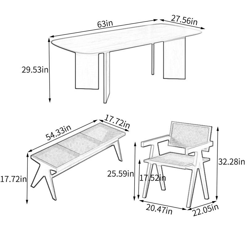Ensemble de salle à manger Mckevitt, H 29,53 po x L 63 po x l 27,56 po