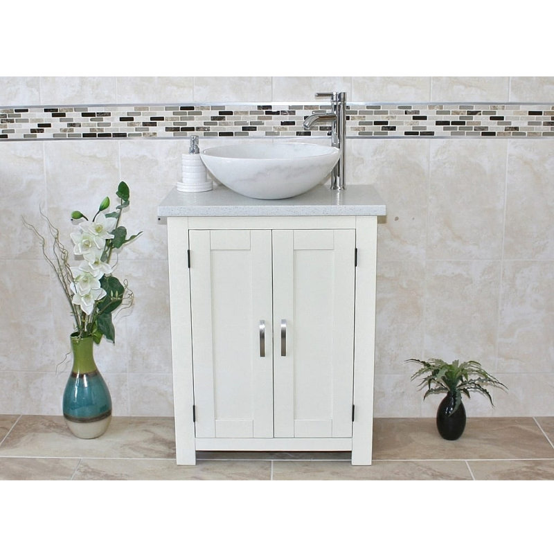 Roberge 650mm Single Bathroom Vanity with Vessel Stone Basin, White Quartz, White, White