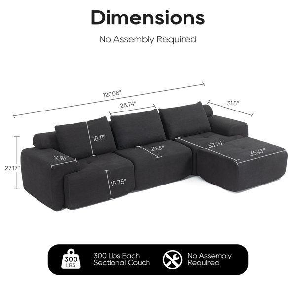 Latitude Run® 3 Corduroy Fabric Modular Couch With Memory Foam & Steel ...