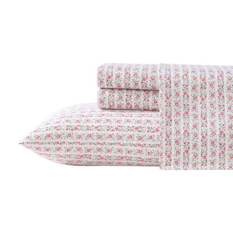4-Piece 300 Thread Count Sateen Cotton Sheet Set, Queen Sheet Set with 2 Pillowcases, Red/Pink