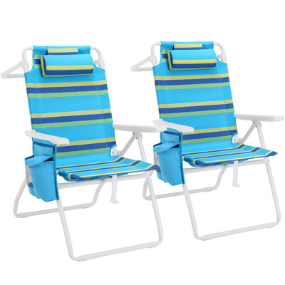 Height 17" Tall Beach Chair For Adults With 5-position Lay Flat & Cooler Pouch, Folding Backpack Beach Chair With Headrest, Storage Bag, Towel Bar, Foot Mat, For Outdoor, Camping, 350lbs(set Of 2, Blue And Yellow And Green Stripes)