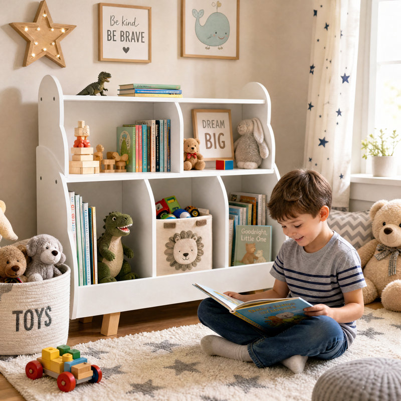 Bibliothèque en bois pour enfants avec 5 bacs de rangement pour jouets, bord ondulé à 3 niveaux pour chambre de bébé