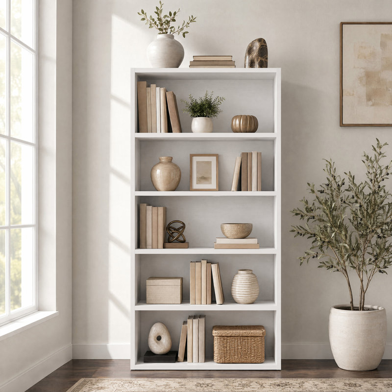 Rectangular Freestanding Adjustable and Anti-tip 6-Tier Bookcase, (5 Shelves) 53"H x 23.8"W x 9.2"D, White