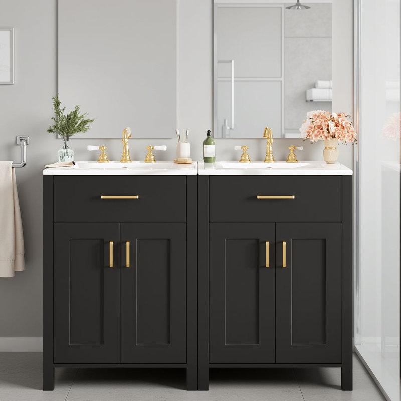 Modern 48-Inch Double Bathroom Vanity With Dual Ceramic Sinks, Storage Cabinet With 2 Tip-Out Drawers, Black