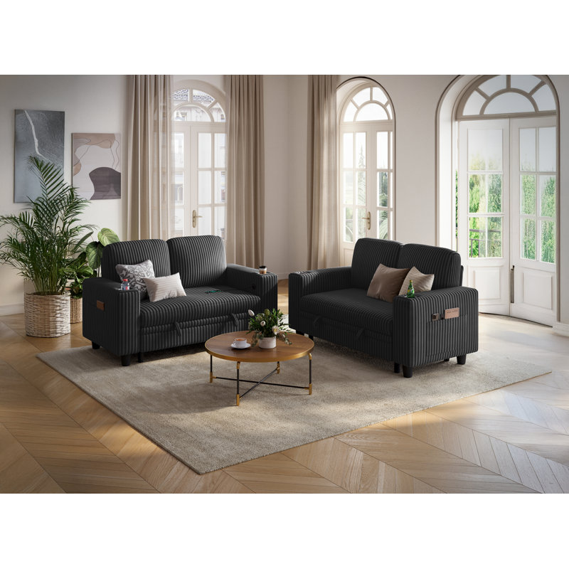 Sherry 56" Upholstered Storage Loveseat with Charging & Cup Holders, Effie Black Corduroy