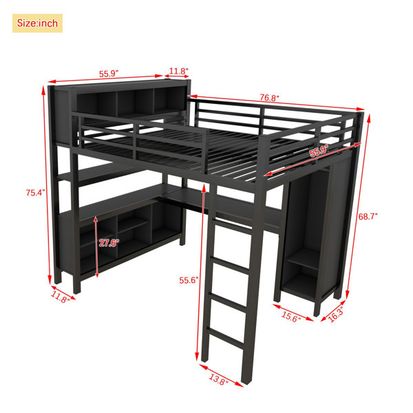 Harriet Bee Metal Loft Bed with Wardrobe And L-shaped Desk, Full Size ...