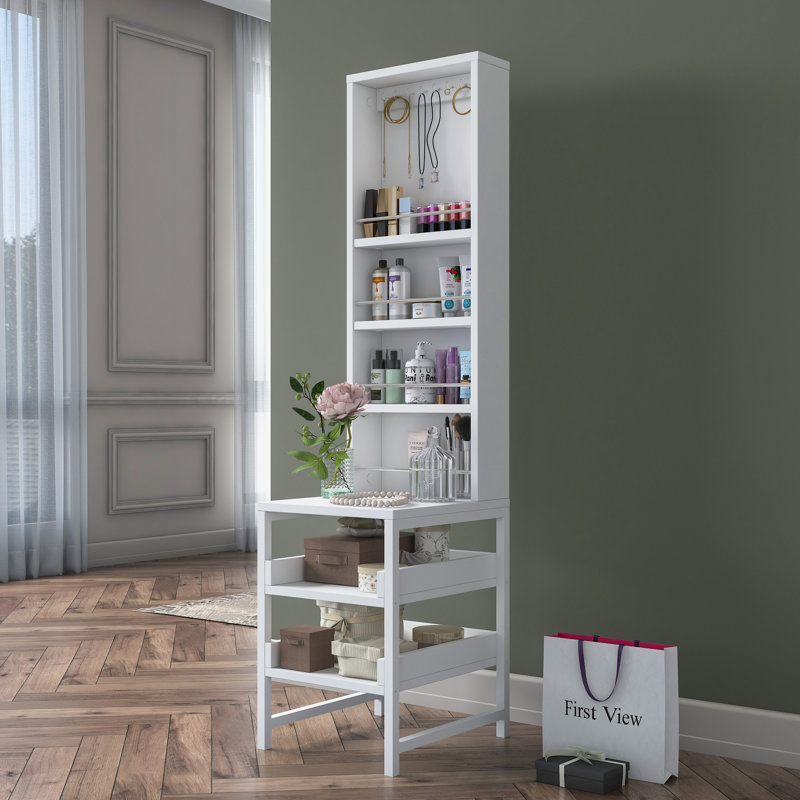 Table de maquillage moderne avec option de fixation murale, blanche, 13,8 x 55,8 x 15,7 pouces | 100% aggloméré enduit de mélamine de qualité E1, rangement supplémentaire et nombreuses tablettes | Design élégant et fonctionnel pour les espaces de b