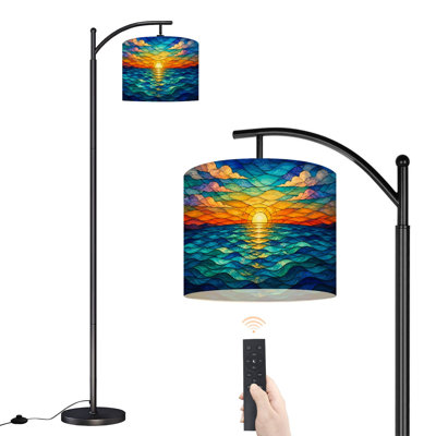PeeNoke Arc Floor Lamp Abstract Ocean Sunset Colorful Waves Mosaic Style Tall Modern Standing Lamp LED Adjustable Linen Lampshade 3 Color Temperatures