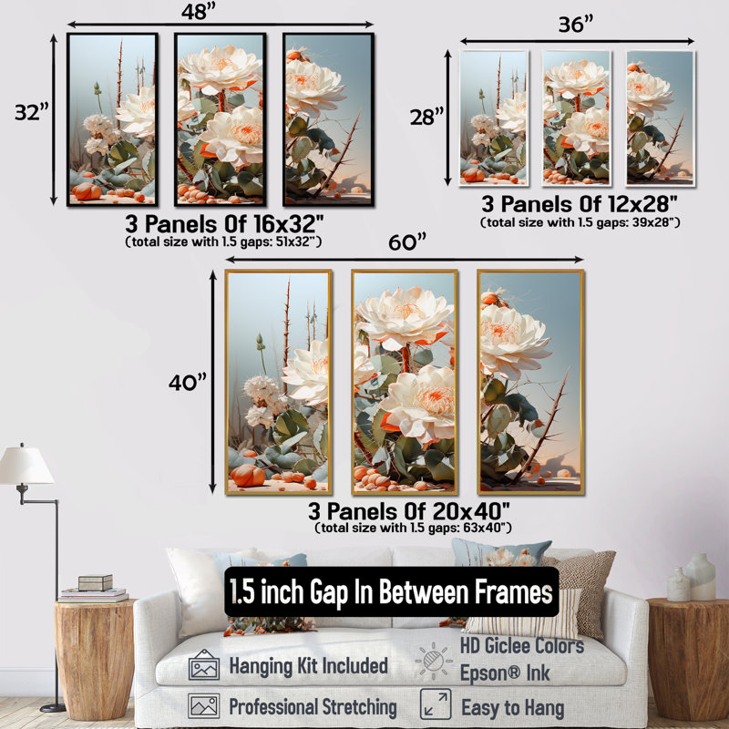 Cactus perle piquante - ensemble d'art mural floral cactus, Cadre flottant blanc, H 32 po x l 48 po x P 1 po