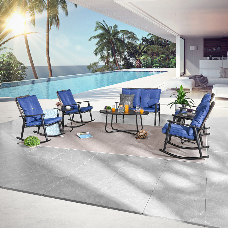 6 - Person Patio Conversation Set with Cushions, Blue