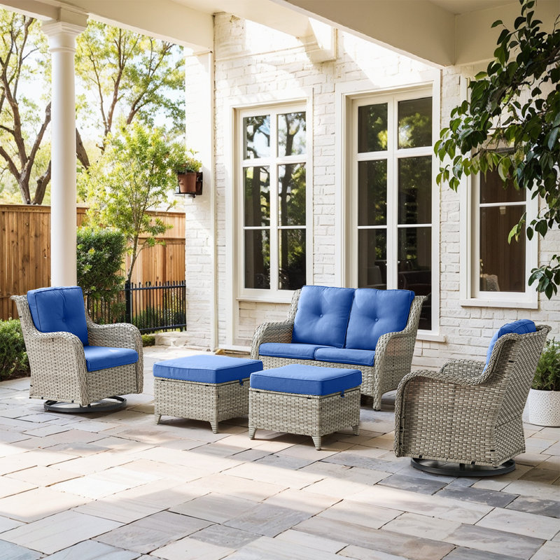Schutt Wicker 4 - Person Patio Conversation Set with Cushions, Navy Blue