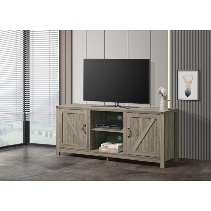 Meuble télé de style ferme en faux bois avec revêtement en papier et rangement, Taupe